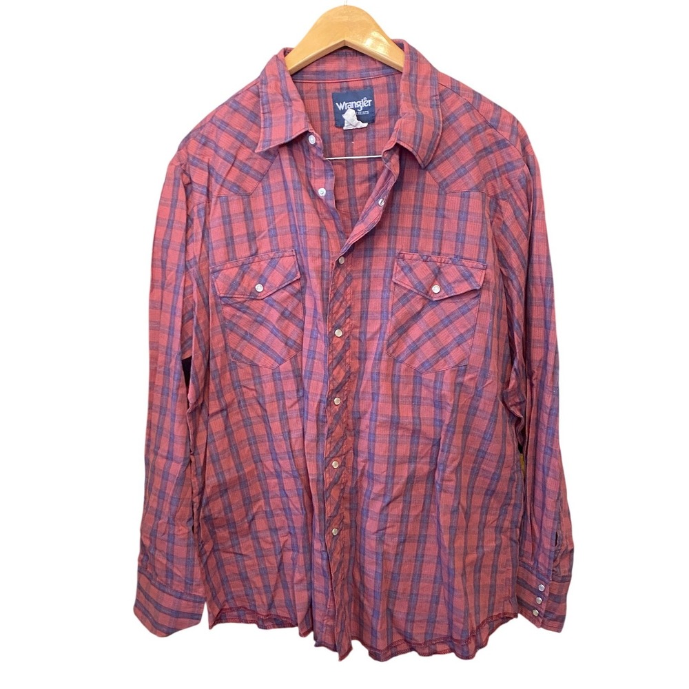 Vintage Wrangler Western Shirt Pearl Snap Plaid XL Red Long Sleeve Cowboy Rustic